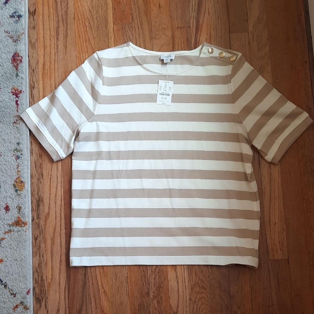 NWT J Crew Factory Tan And Cream Striped Button Shoulder Top Small